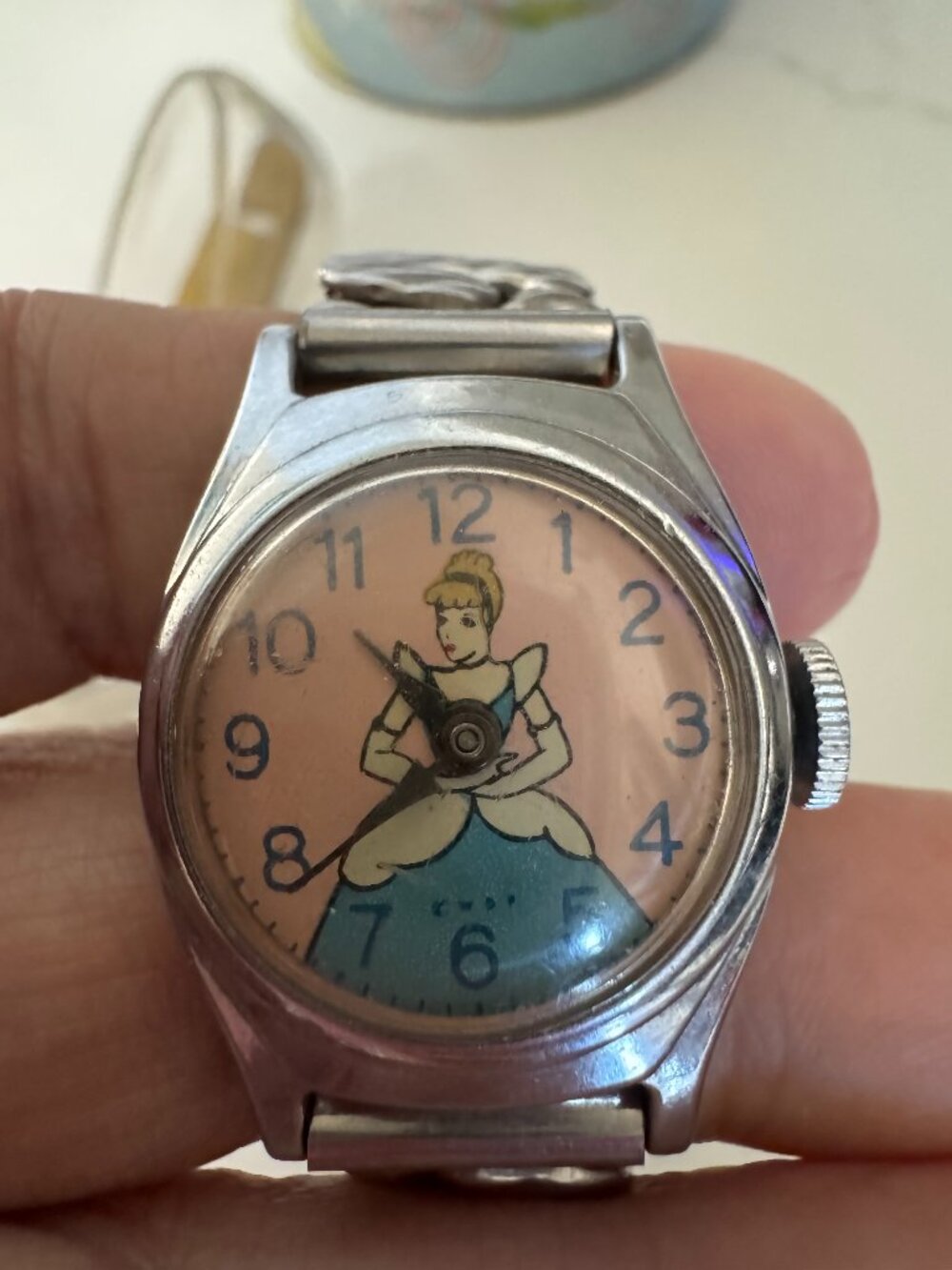Mid century 1950 US Time Cinderella watch with box and slipper.